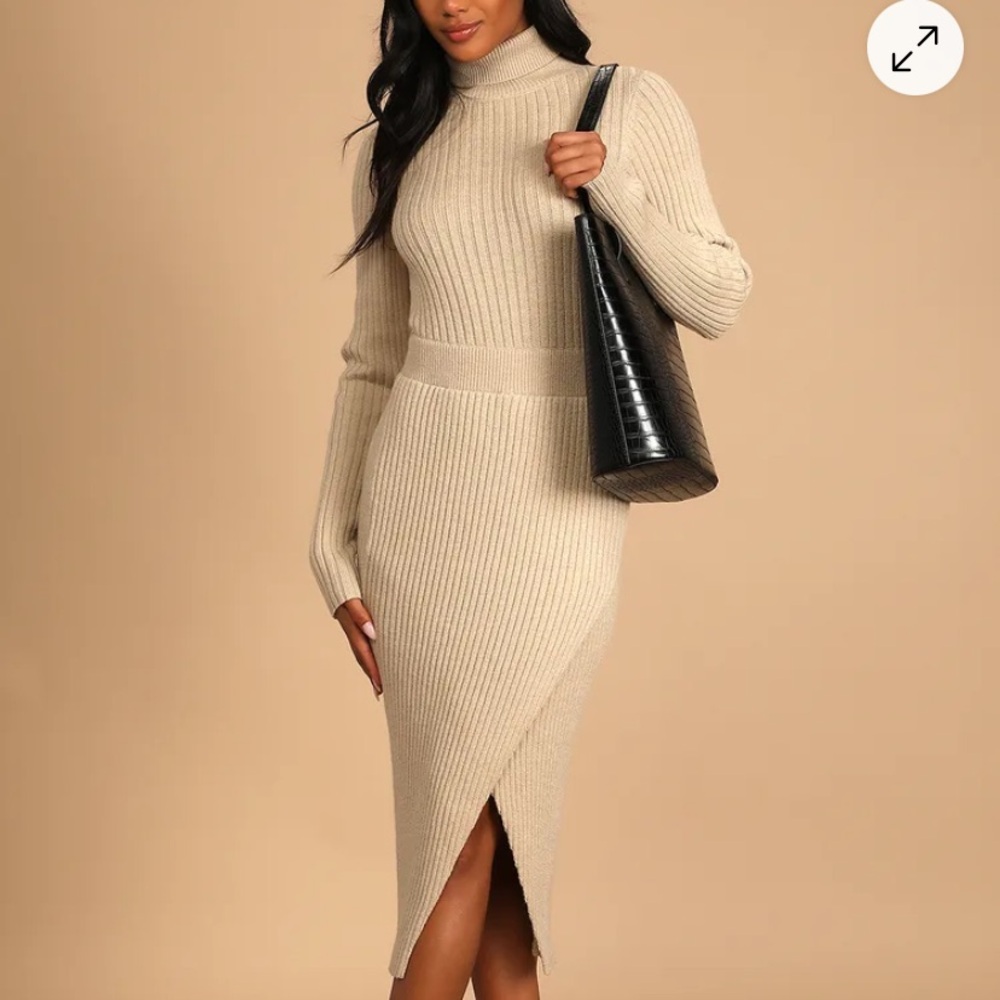Snow Day Style Beige Ribbed Turtleneck Bodycon Sweater Dress